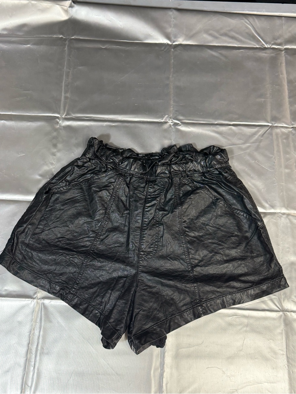 Free People Black Faux Leather High-Waist Paperbag Shorts size small
